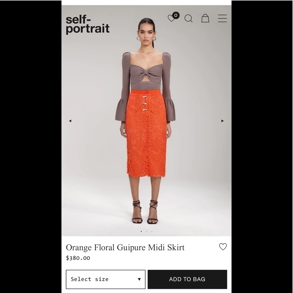 2022 Self-Portrait Orange Floral Guipure Midi Skirt